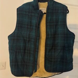 L.L. Bean Green and Black Plaid Vest with Sherpa Lining